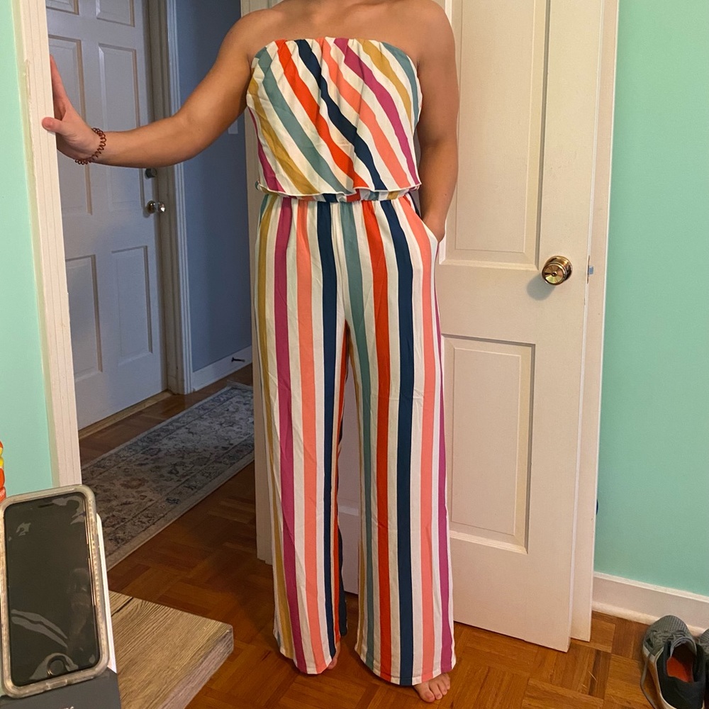 Vici Multicolor Striped Strapless Jumpsuit